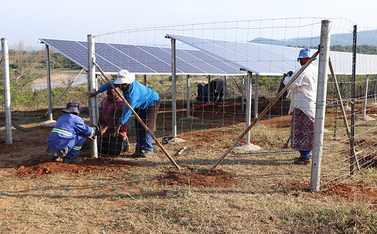 Les membres de la communauté aident à installer des panneaux solaires qui alimenteront par la suite le système d'irrigation. Ce système d'irrigation permettra aux nouveaux légumes et arbres fruitiers de survivre à la saison sèche.