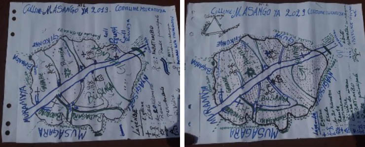 À GAUCHE: Les membres de la communauté sont invités à dessiner collectivement une carte de la colline de Masango, en indiquant les ressources naturelles, l'utilisation des terres et les zones de dégradée. À DROITE: Une fois d’accord sur l'état actuel du paysage, ils sont invités à dessiner leur vision de ce à quoi la colline de Masango pourrait ressembler en 2029.