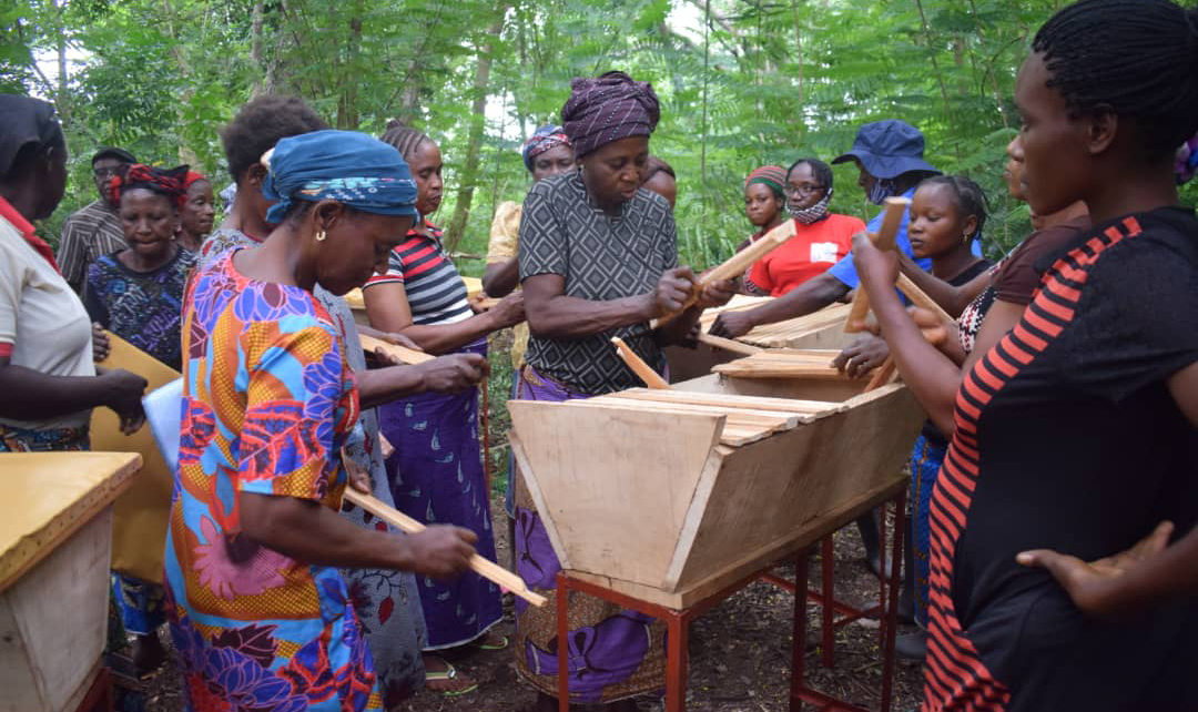 Members of women’s groups were taught how to construct beehives using locally available materials.